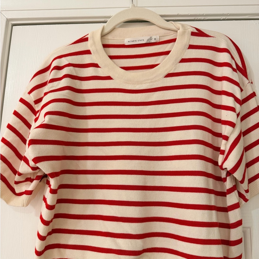Altar'd State Cream and Red Striped Short Sleeve Sweater, Cropped Fit